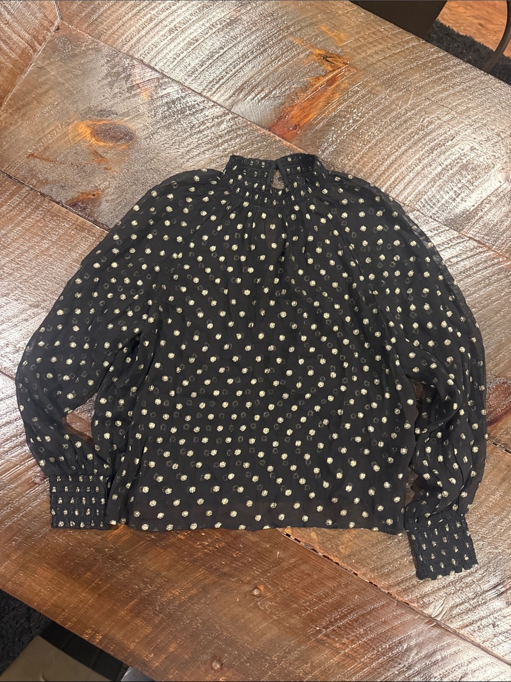 Evereve Black Blouse with Gold Dot Print